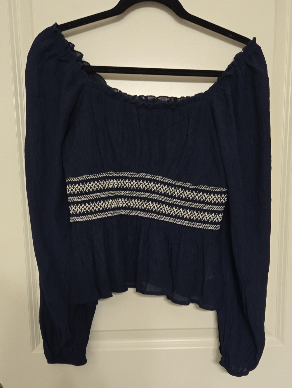 Francesca's Navy Peasant Blouse with White Smocked Waist